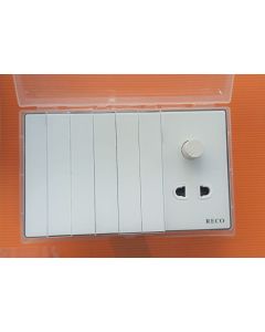 Tempered glass 6 Gang Switch with 1 Socket and Fan Dimmer - HiFi White